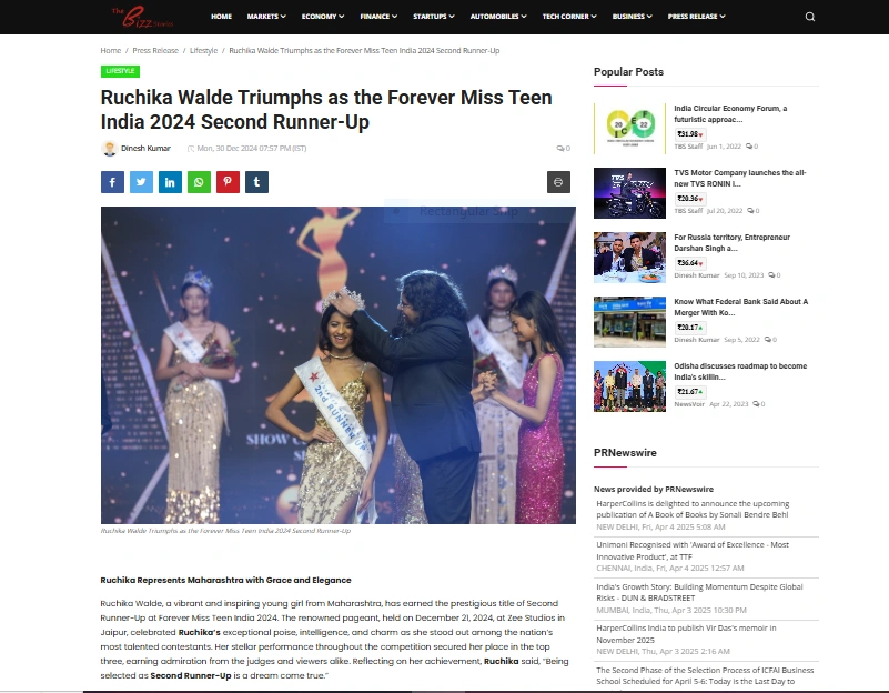 Ruchika Walde Triumphs as the Forever Miss Teen India 2024 Second Runner-Up - The Bizz Stories