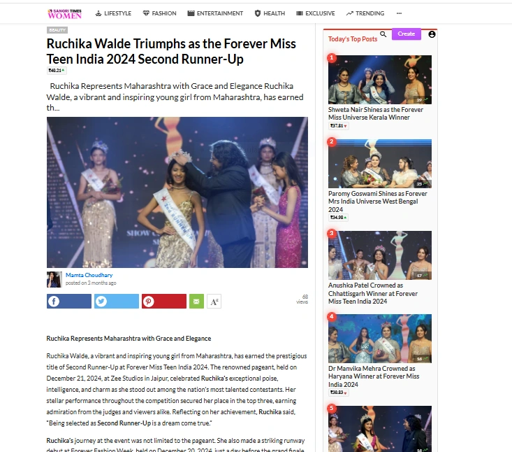 Ruchika Walde Triumphs as the Forever Miss Teen India 2024 Second Runner-Up | Sangri Times Women