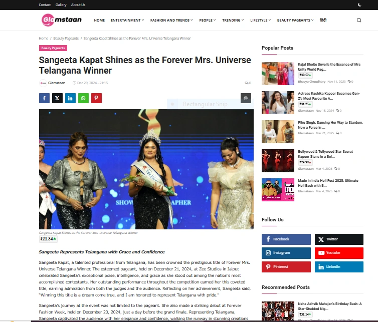 Sangeeta Kapat Shines as the Forever Mrs. Universe Telangana Winner - Glamstaan