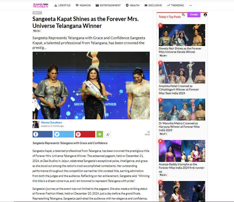 Sangeeta Kapat Shines as the Forever Mrs. Universe Telangana Winner | Sangri Times Women