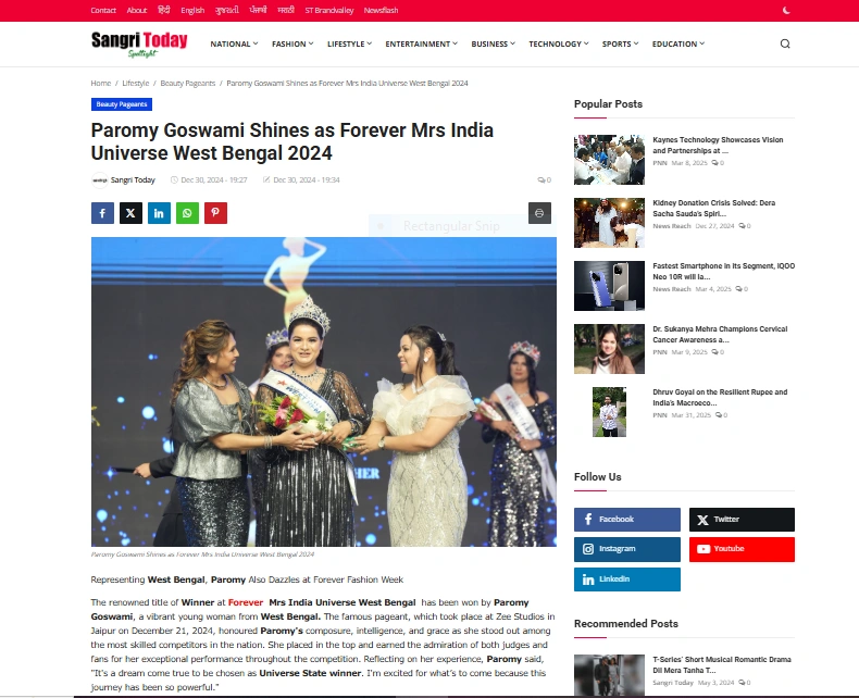 Paromy Goswami Shines as Forever Mrs India Universe West Bengal 2024 - Sangri Today Spotlight 