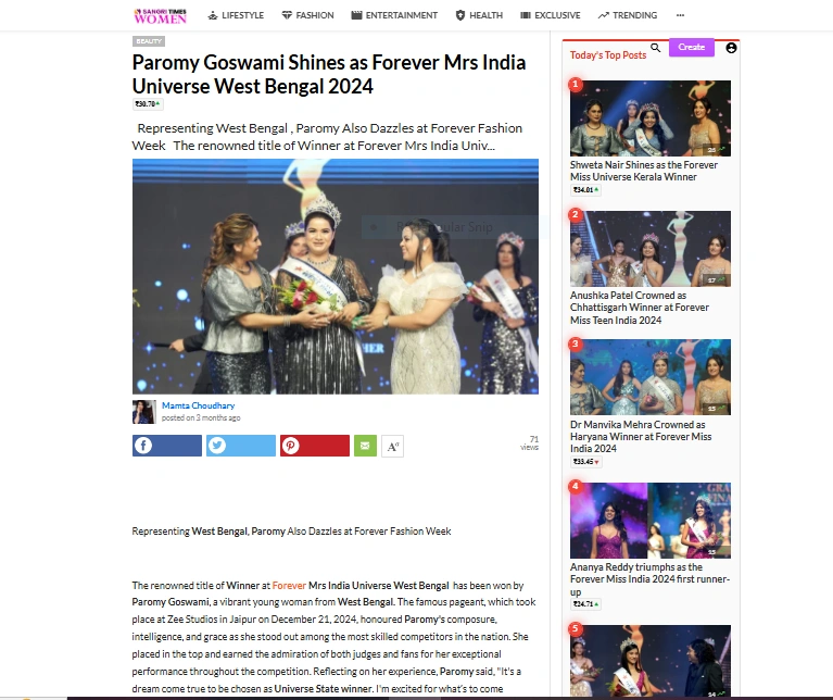 Paromy Goswami Shines as Forever Mrs India Universe West Bengal 2024 | Sangri Times Women