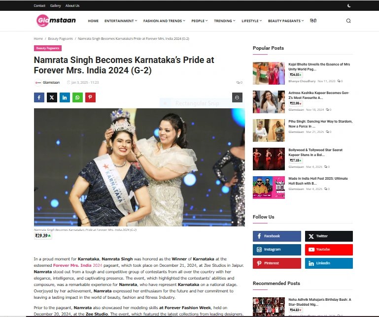 Namrata Singh Becomes Karnataka’s Pride at Forever Mrs. India 2024 (G-2) - Glamstaan