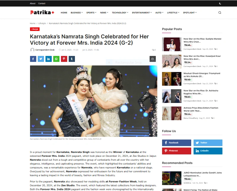 Karnataka’s Namrata Singh Celebrated for Her Victory at Forever Mrs. India 2024 (G-2) - Patrika Plus