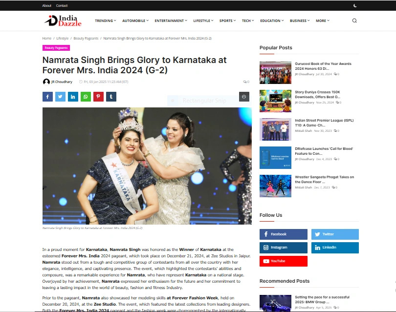 Namrata Singh Brings Glory to Karnataka at Forever Mrs. India 2024 (G-2) - India Dazzle