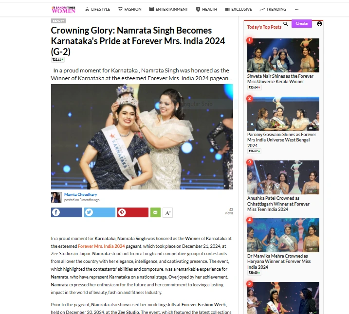 Crowning Glory: Namrata Singh Becomes Karnataka's Pride at Forever Mrs. India 2024 (G-2) | Sangri Times Women