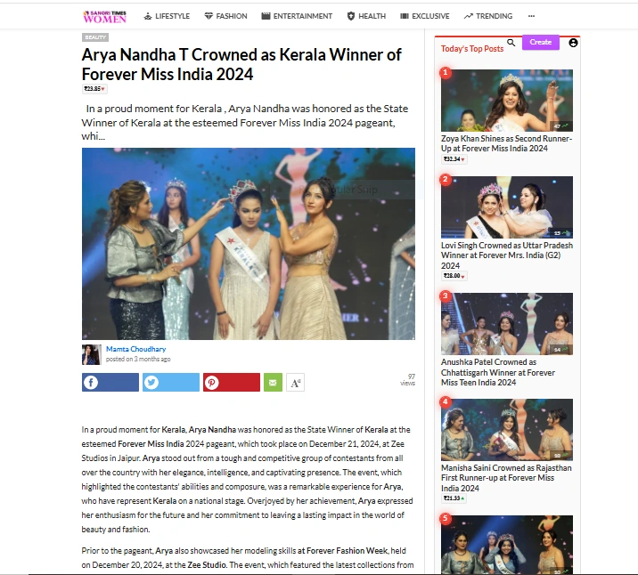 Arya Nandha T Crowned as Kerala Winner of Forever Miss India 2024 | Sangri Times Women