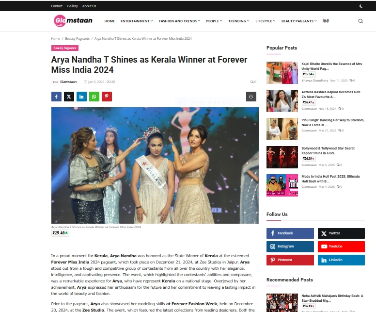 Arya Nandha T Shines as Kerala Winner at Forever Miss India 2024 - Glamstaan