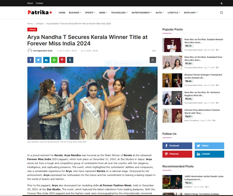 Arya Nandha T Secures Kerala Winner Title at Forever Miss India 2024 - Patrika Plus