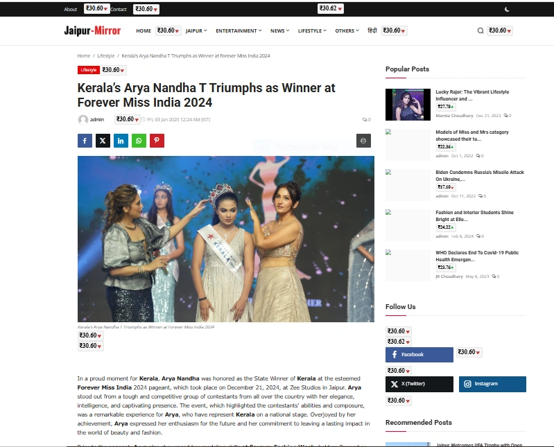 Kerala’s Arya Nandha T Triumphs as Winner at Forever Miss India 2024 - Jaipur-Mirror