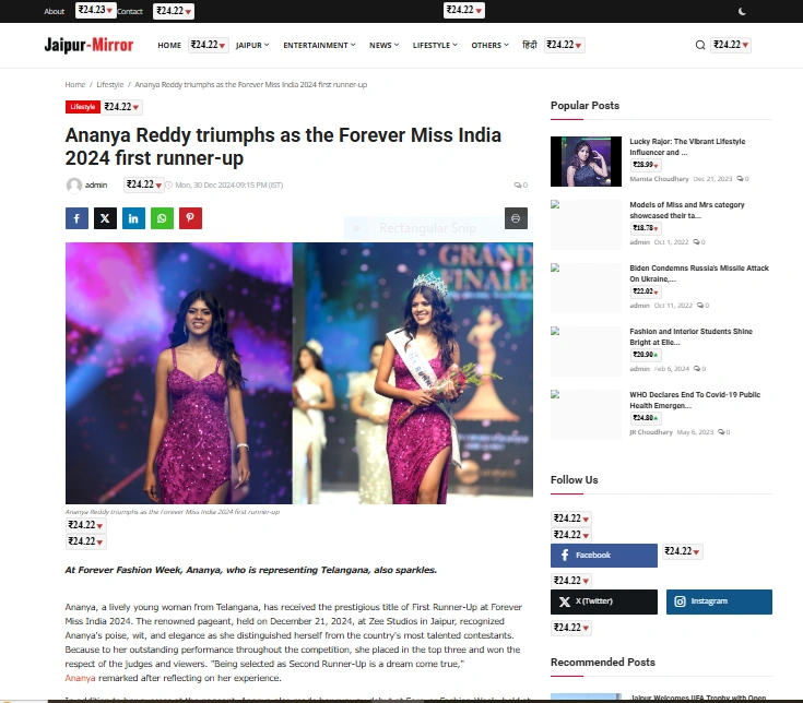 Ananya Reddy triumphs as the Forever Miss India 2024 first runner-up - Jaipur-Mirror