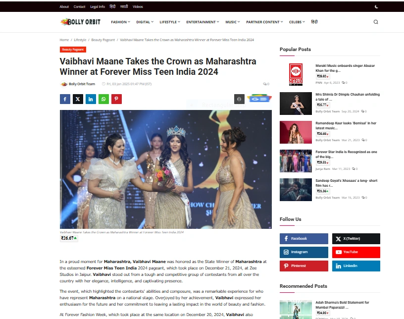 Vaibhavi Maane Takes the Crown as Maharashtra Winner at Forever Miss Teen India 2024 - Bolly Orbit