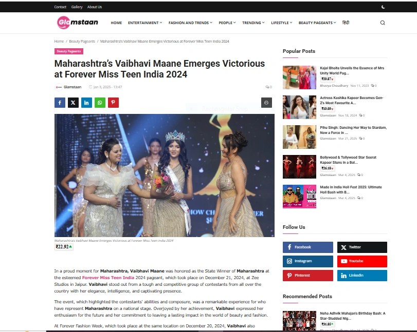 Maharashtra’s Vaibhavi Maane Emerges Victorious at Forever Miss Teen India 2024 - Glamstaan