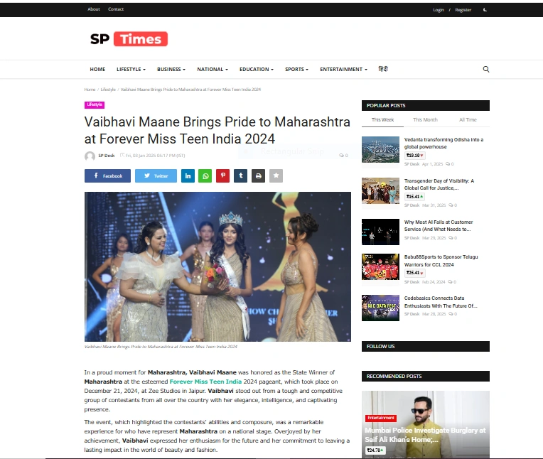 Vaibhavi Maane Brings Pride to Maharashtra at Forever Miss Teen India 2024 - SP Times
