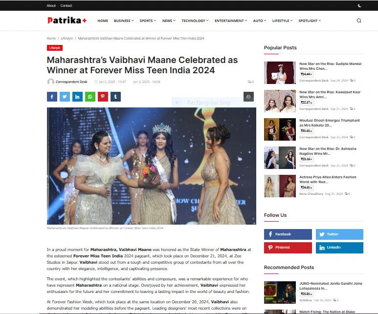 Maharashtra’s Vaibhavi Maane Celebrated as Winner at Forever Miss Teen India 2024 - Patrika Plus