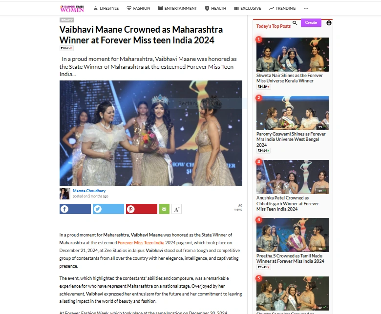 Vaibhavi Maane Crowned as Maharashtra Winner at Forever Miss teen India 2024 | Sangri Times Women