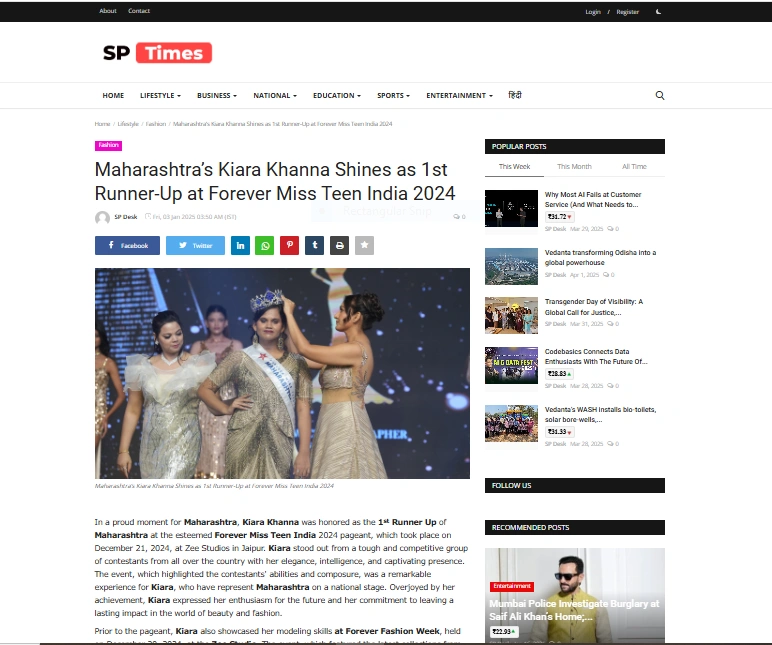 Maharashtra’s Kiara Khanna Shines as 1st Runner-Up at Forever Miss Teen India 2024 - SP Times