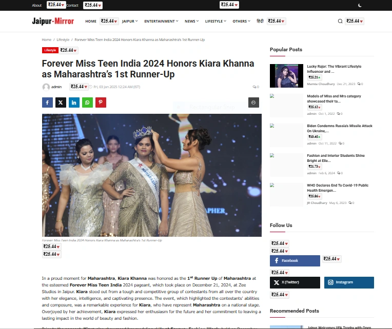 Forever Miss Teen India 2024 Honors Kiara Khanna as Maharashtra’s 1st Runner-Up - Jaipur-Mirror