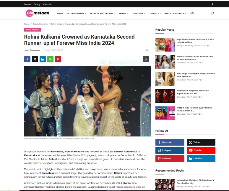 Rohini Kulkarni Crowned as Karnataka Second Runner-up at Forever Miss India 2024 - Glamstaan