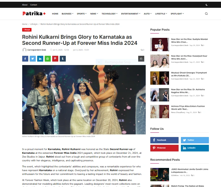 Rohini Kulkarni Brings Glory to Karnataka as Second Runner-Up at Forever Miss India 2024 - Patrika Plus