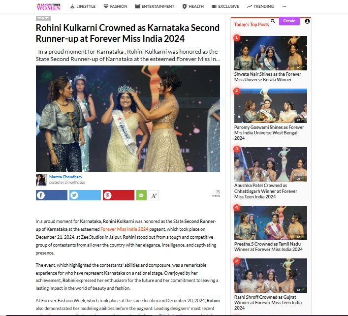 Rohini Kulkarni Crowned as Karnataka Second Runner-up at Forever Miss India 2024 | Sangri Times Women