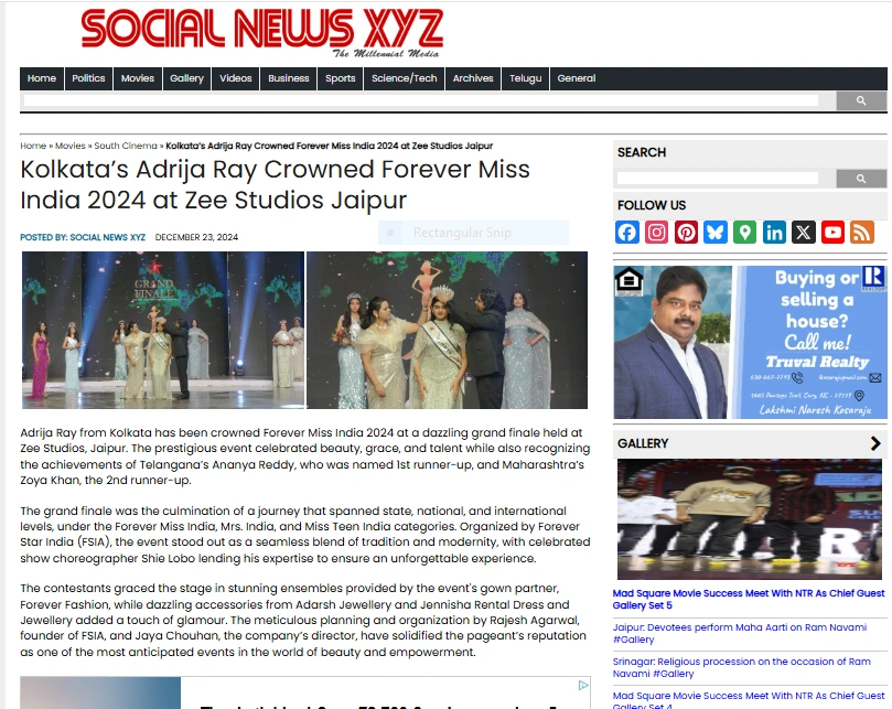 Kolkata’s Adrija Ray Crowned Forever Miss India 2024 at Zee Studios Jaipur - Social News XYZ