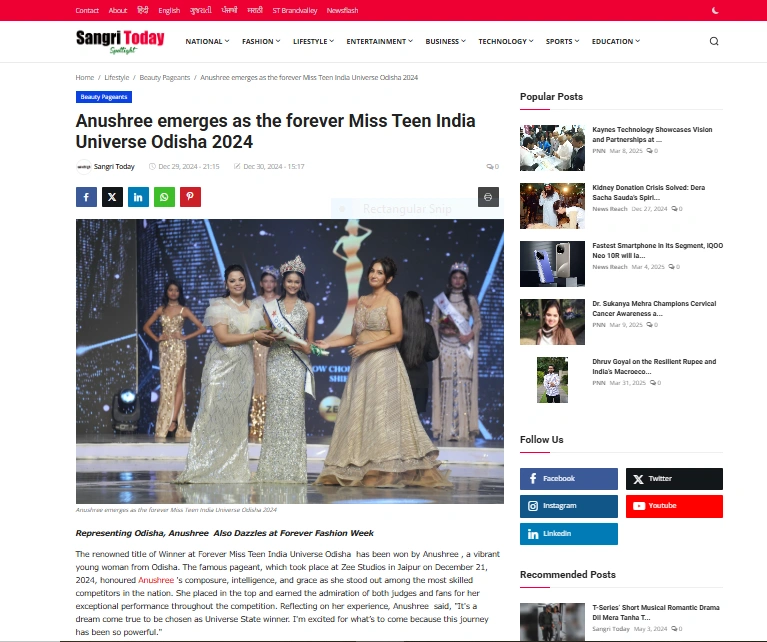 Anushree emerges as the forever Miss Teen India Universe Odisha 2024 - Sangri Today Spotlight 