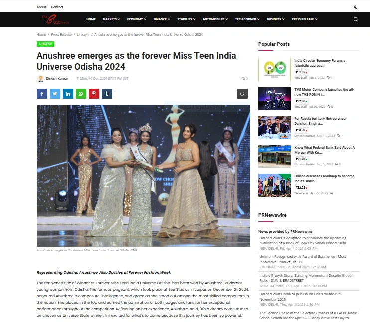 Anushree emerges as the forever Miss Teen India Universe Odisha 2024 - The Bizz Stories