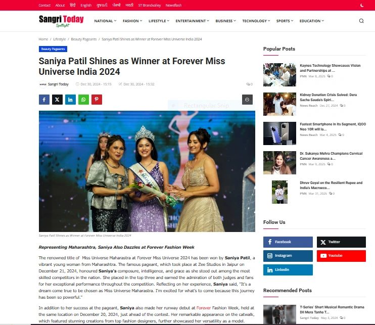 Saniya Patil Shines as Winner at Forever Miss Universe India 2024 - Sangri Today Spotlight 
