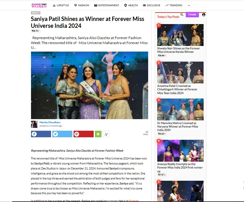 Saniya Patil Shines as Winner at Forever Miss Universe India 2024 | Sangri Times Women