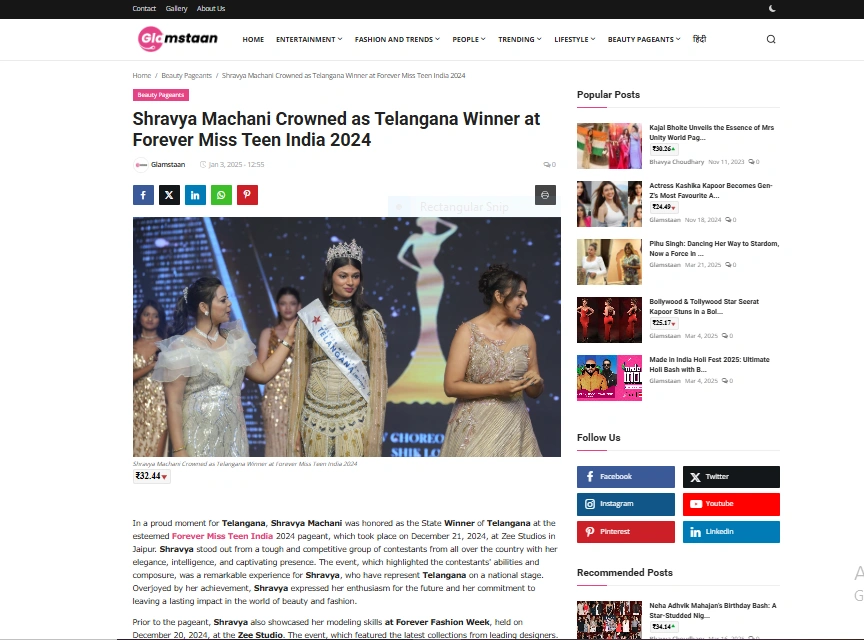 Shravya Machani Crowned as Telangana Winner at Forever Miss Teen India 2024 - Glamstaan
