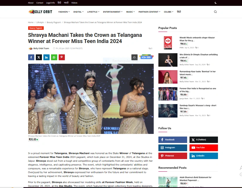 Shravya Machani Takes the Crown as Telangana Winner at Forever Miss Teen India 2024 - Bolly Orbit