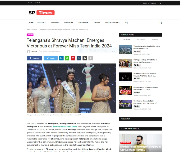 Telangana’s Shravya Machani Emerges Victorious at Forever Miss Teen India 2024 - SP Times