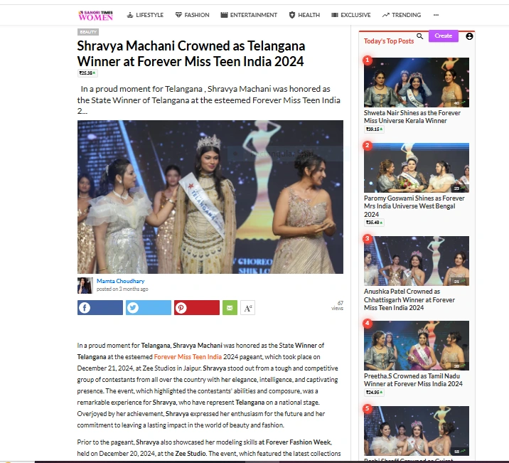 Shravya Machani Crowned as Telangana Winner at Forever Miss Teen India 2024 | Sangri Times Women