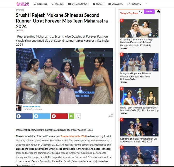 Srushti Rajesh Mukane Shines as Second Runner-Up at Forever Miss Teen Maharastra 2024 | Sangri Times Women