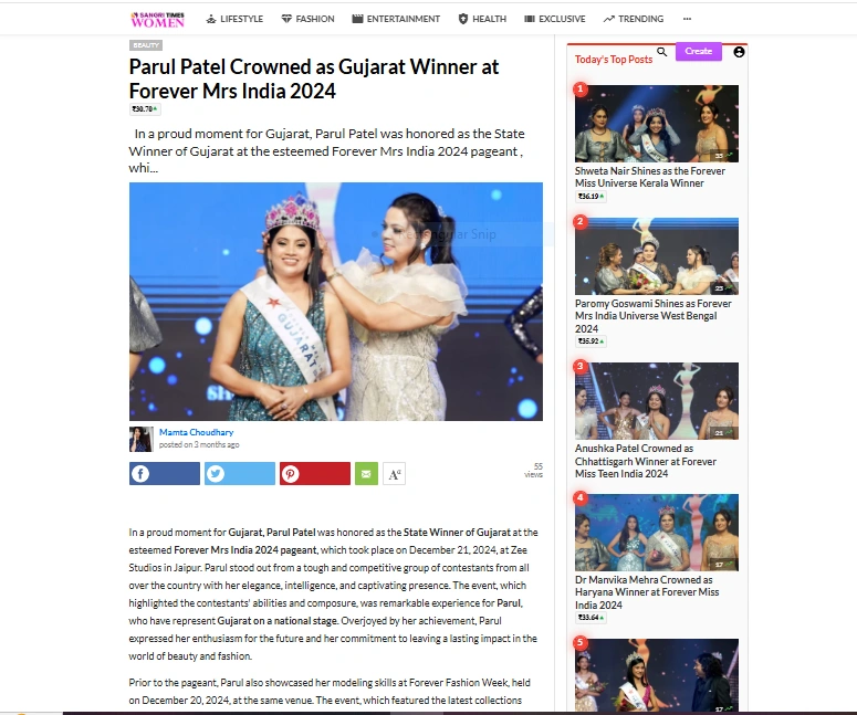 Parul Patel Crowned as Gujarat Winner at Forever Mrs India 2024 | Sangri Times Women
