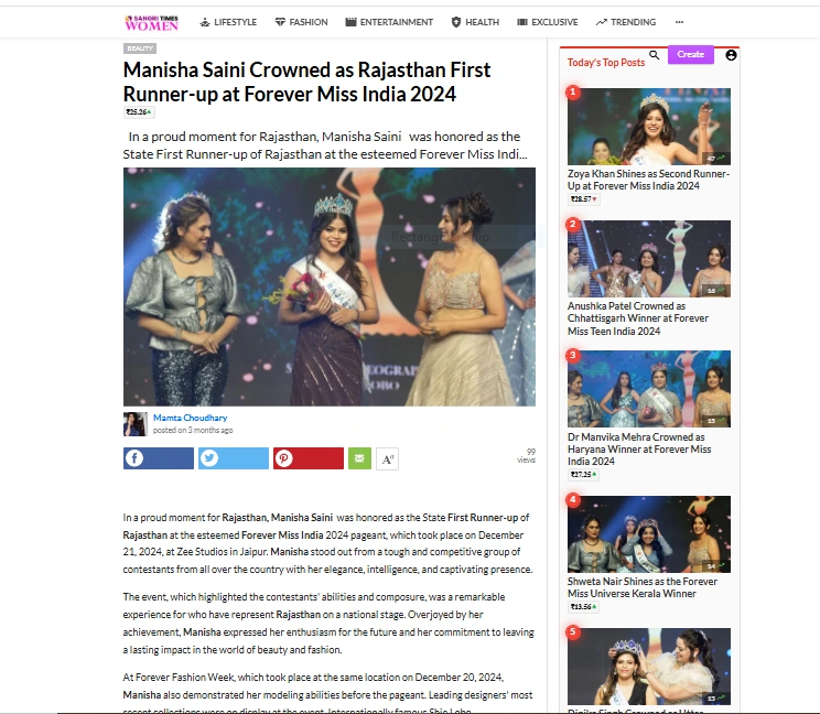 Manisha Saini Crowned as Rajasthan First Runner-up at Forever Miss India 2024 | Sangri Times Women