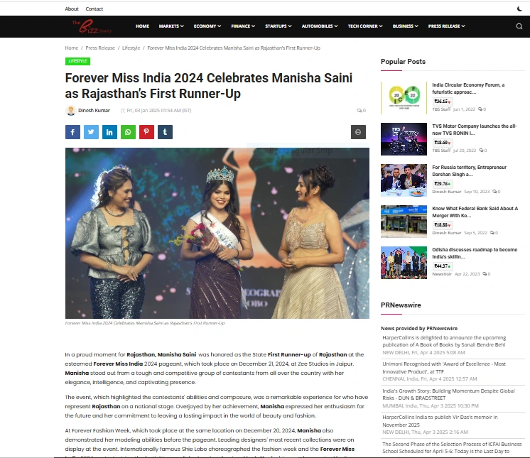 Forever Miss India 2024 Celebrates Manisha Saini as Rajasthan’s First Runner-Up - The Bizz Stories