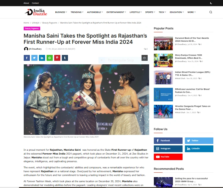Manisha Saini Takes the Spotlight as Rajasthan’s First Runner-Up at Forever Miss India 2024 - India Dazzle