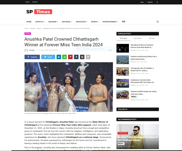 Anushka Patel Crowned Chhattisgarh Winner at Forever Miss Teen India 2024 - SP Times