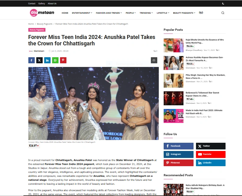 Forever Miss Teen India 2024: Anushka Patel Takes the Crown for Chhattisgarh - Glamstaan