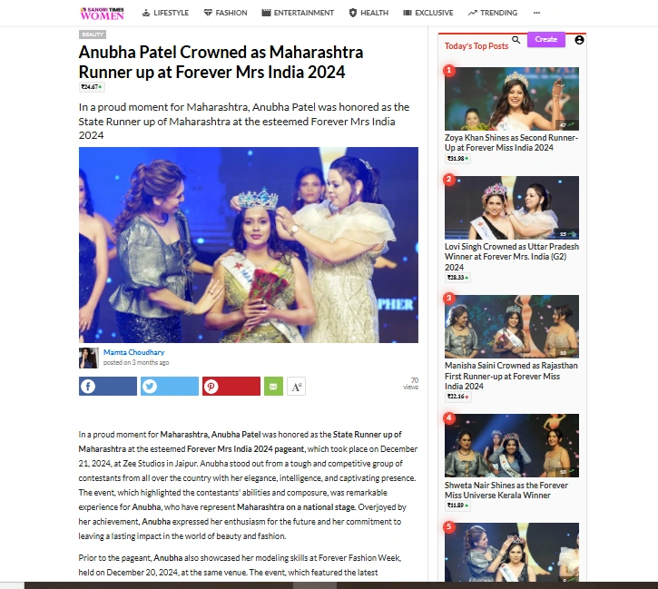 Anubha Patel Crowned as Maharashtra Runner up at Forever Mrs India 2024 | Sangri Times Women