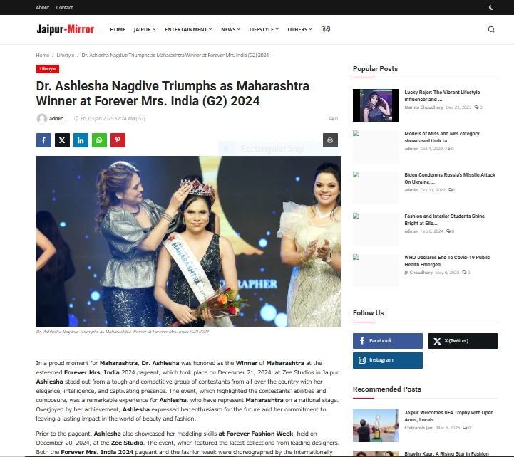 Dr. Ashlesha Nagdive Triumphs as Maharashtra Winner at Forever Mrs. India (G2) 2024 - Jaipur-Mirror