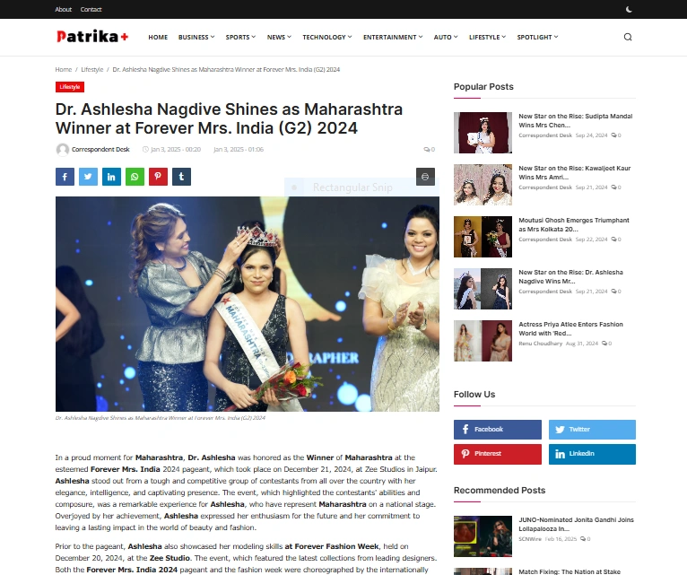 Dr. Ashlesha Nagdive Shines as Maharashtra Winner at Forever Mrs. India (G2) 2024 - Patrika Plus