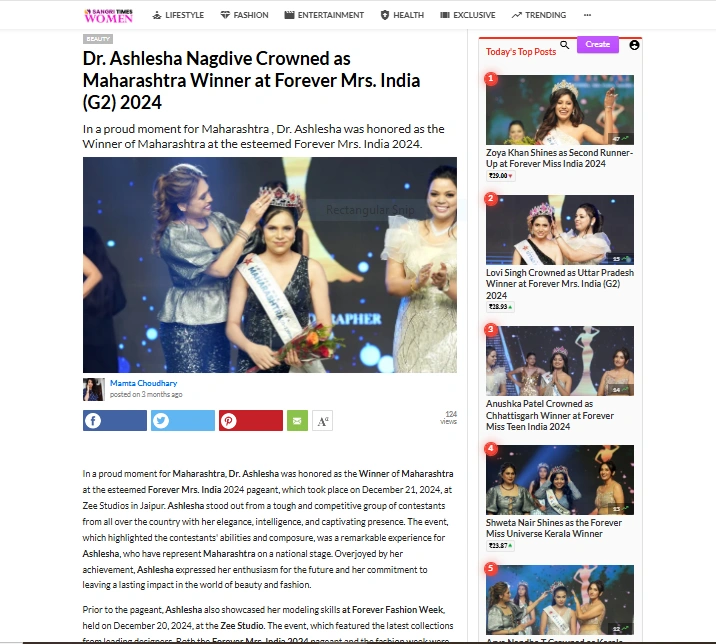 Dr. Ashlesha Nagdive Crowned as Maharashtra Winner at Forever Mrs. India (G2) 2024 | Sangri Times Women