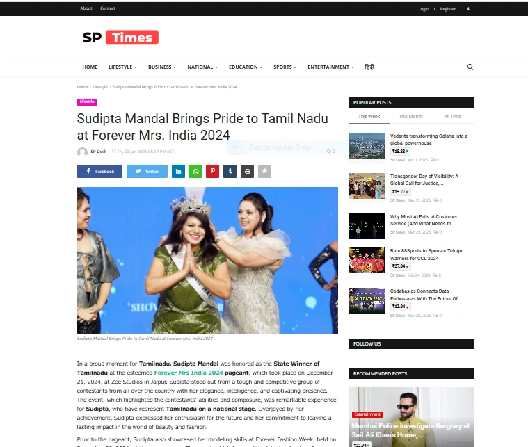 Sudipta Mandal Brings Pride to Tamil Nadu at Forever Mrs. India 2024 - SP Times