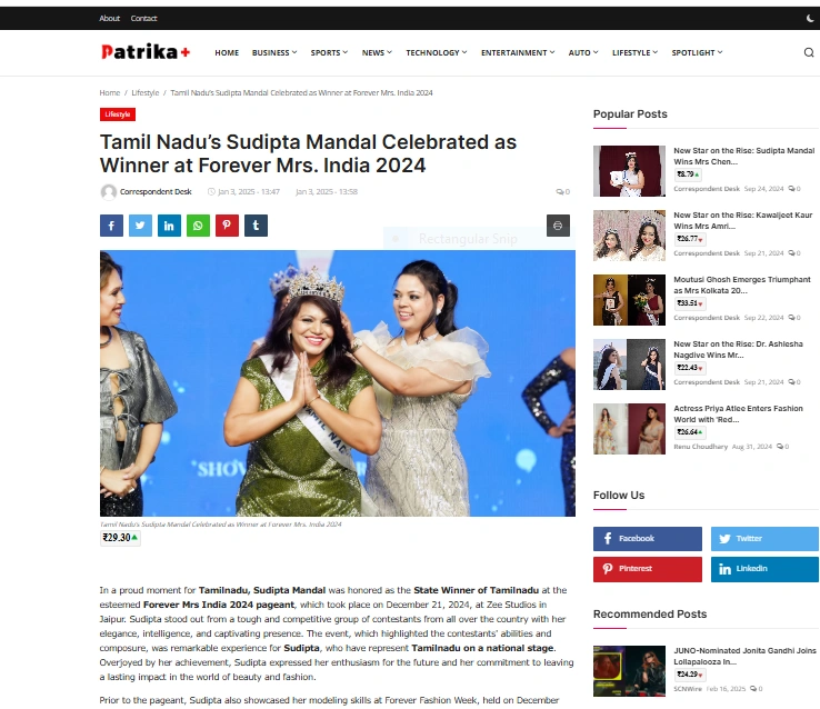 Tamil Nadu’s Sudipta Mandal Celebrated as Winner at Forever Mrs. India 2024 - Patrika Plus