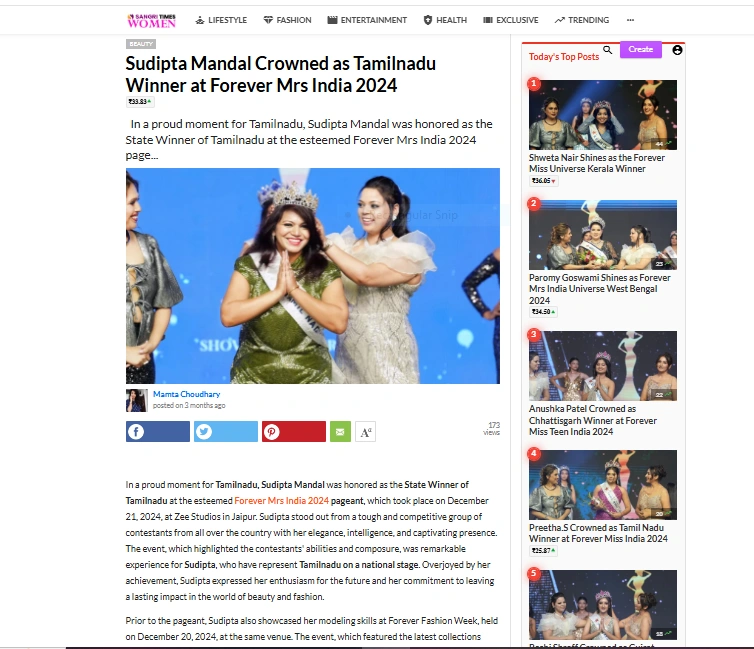 Sudipta Mandal Crowned as Tamilnadu Winner at Forever Mrs India 2024 | Sangri Times Women