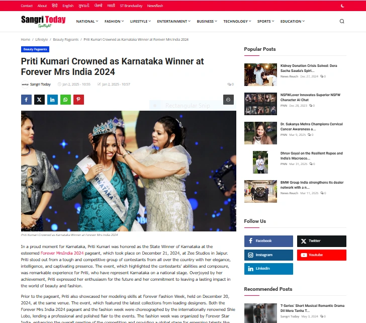 Priti Kumari Crowned as Karnataka Winner at Forever Mrs India 2024 - Sangri Today Spotlight 