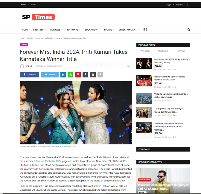 Forever Mrs. India 2024: Priti Kumari Takes Karnataka Winner Title - SP Times